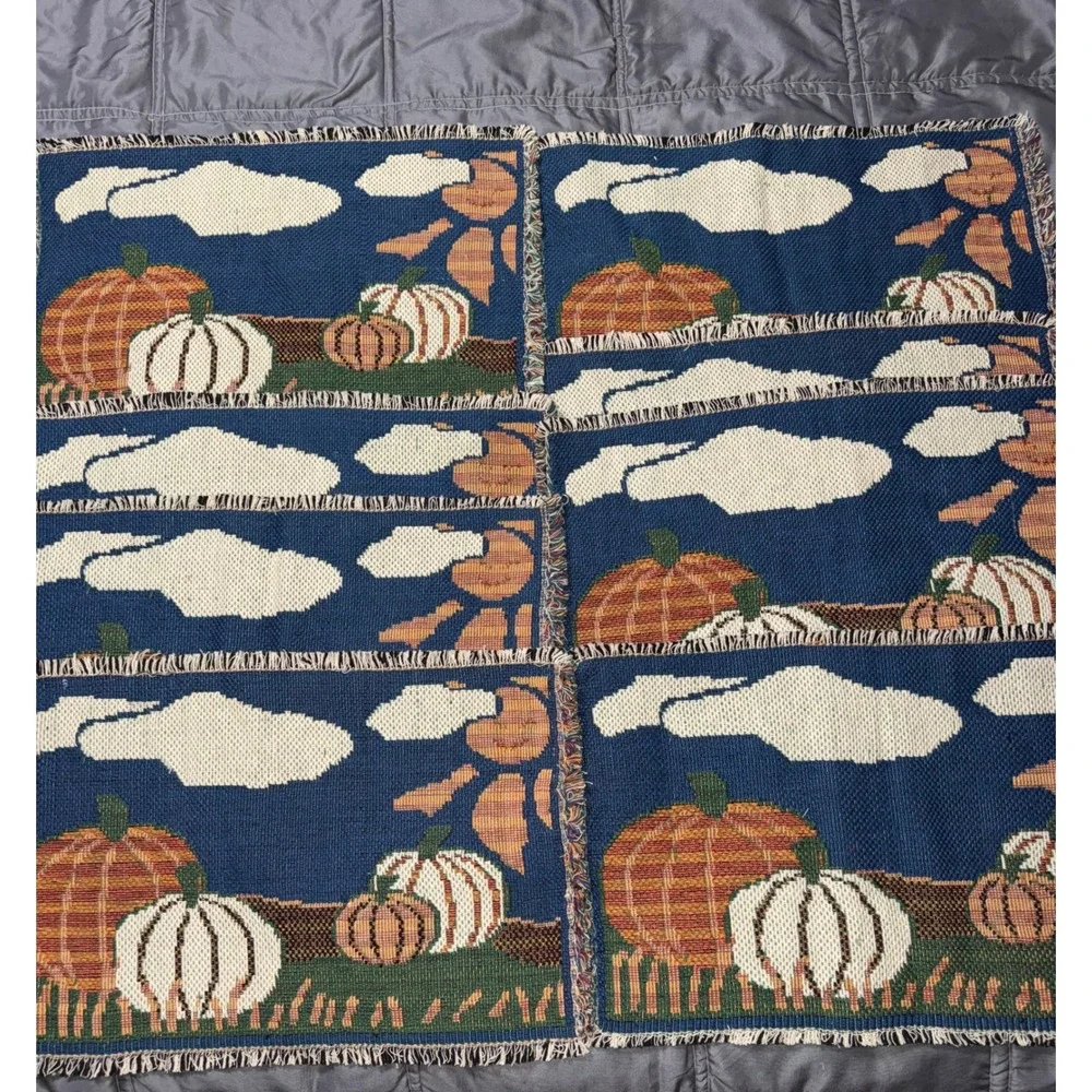 Vintage Fall Pumpkin Woven Tapestry Placemats Set of 6 Fringed Autumn Harvest